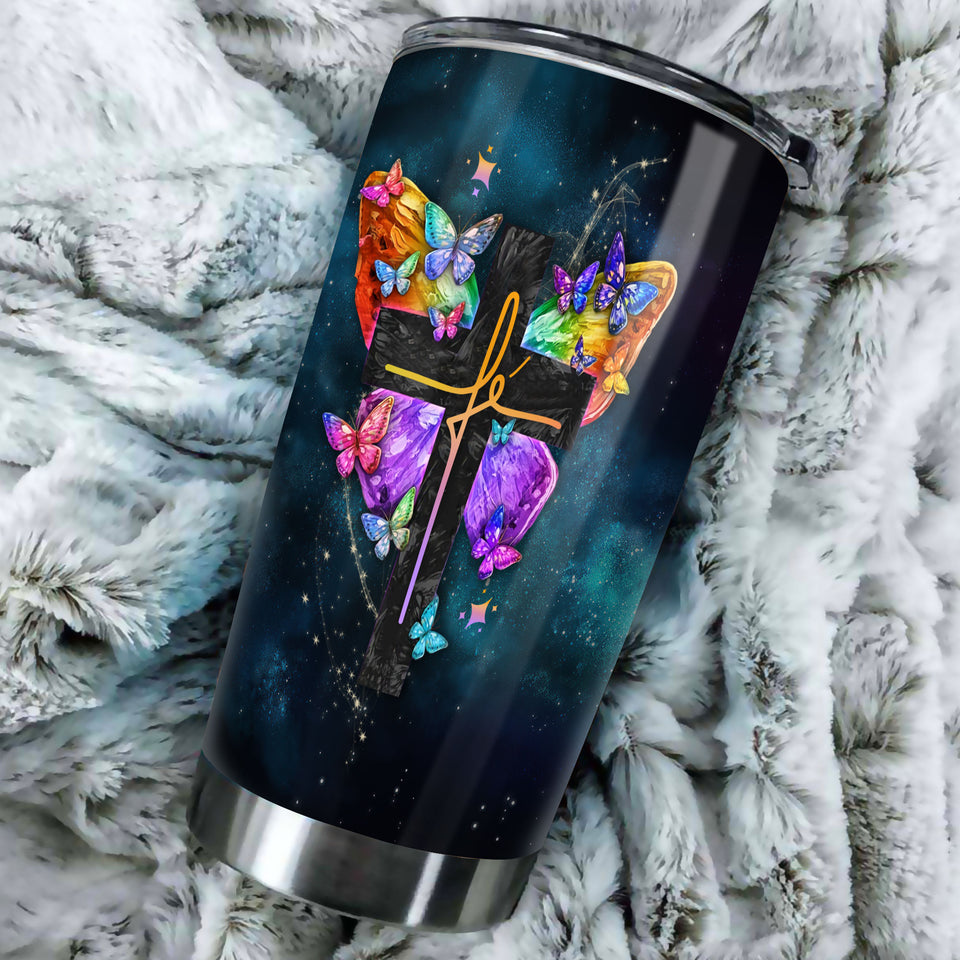 Camellia Personalized Butterfly Christian Cross Stainless Steel Tumbler - Double-Walled Insulation Vacumm Flask - For Thanksgiving, Memorial Day, Christians, Christmas Gift