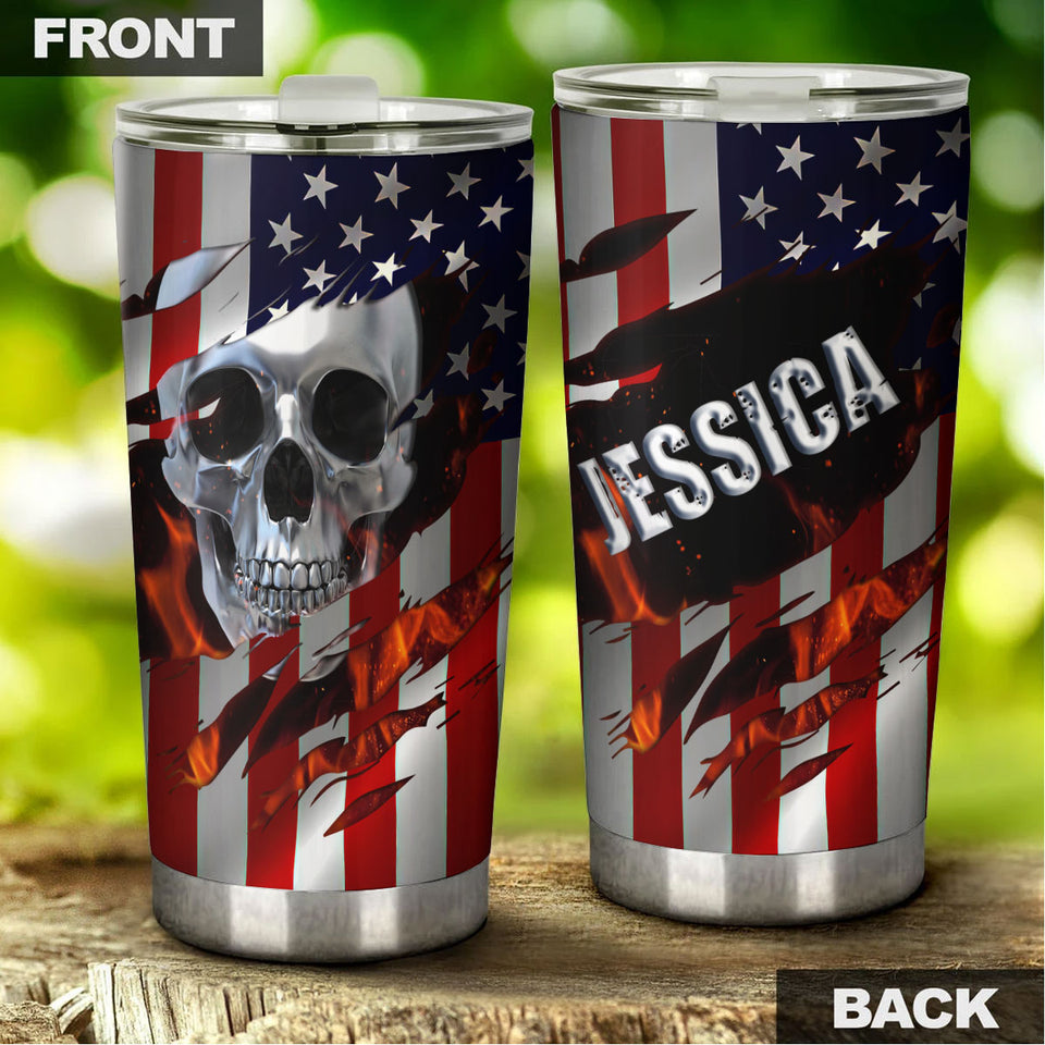 Camellia Personalized American Skull Flag Stainless Steel Tumbler - Double-Walled Insulation Vacumm Flask - Gift For Halloween, Spooky Season