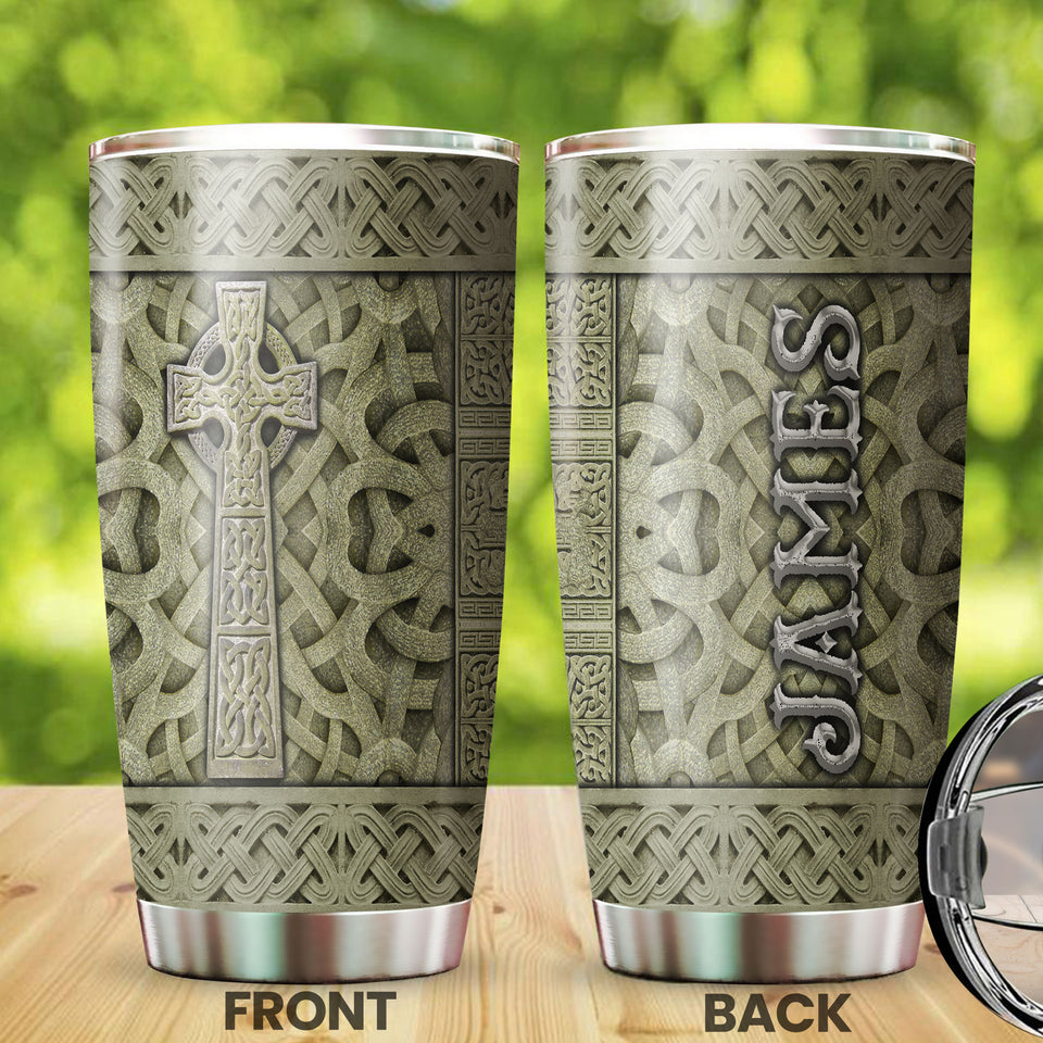 Camellia Personalized Cross In Stone Stainless Steel Tumbler - Customized Double-Walled Insulation Travel Thermal Cup With Lid Gift For Christian