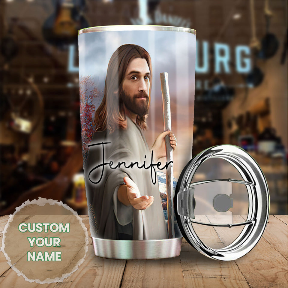 Camellia Personalized Faith Jesus Right Hand Steel Tumbler- Wall Insulated Cup With Lid Travel Mug 01