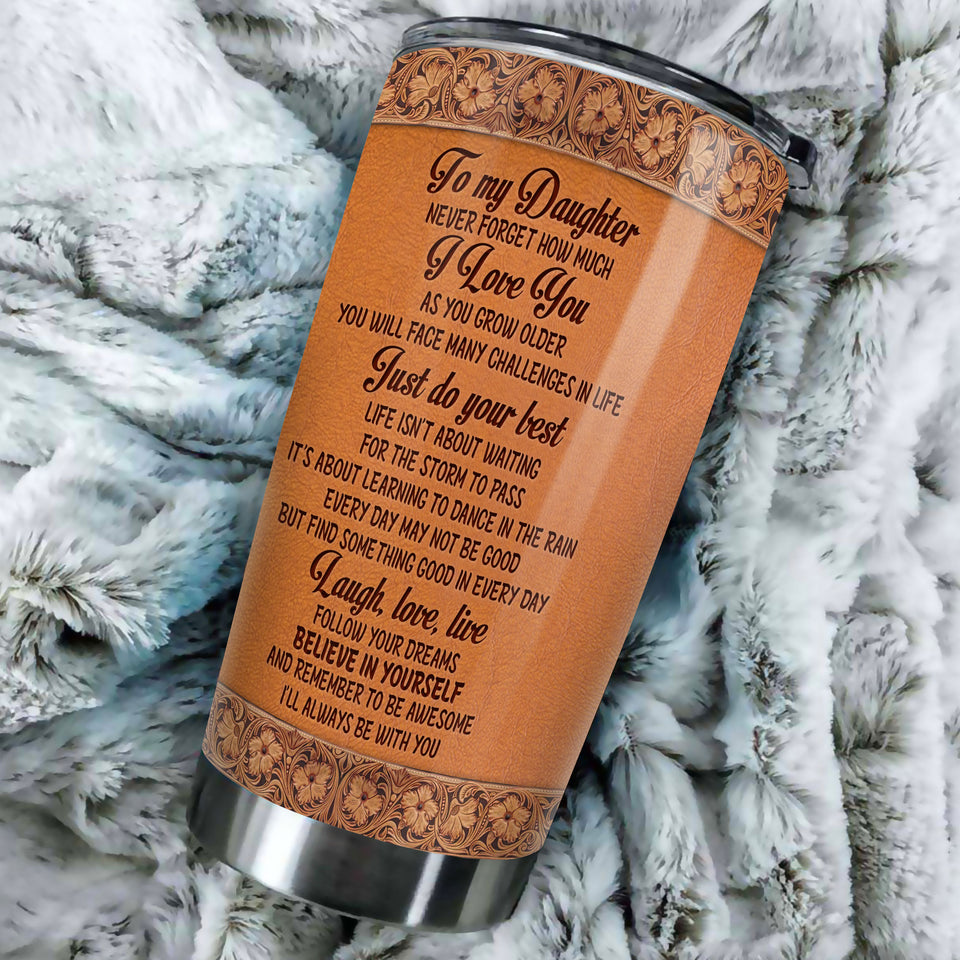 Camellia Personalized Elephant Loving Letter From  Mom To Daughter Leather Style Stainless Steel Tumbler-Sweat-Proof Travel Tharma Cup With Lid