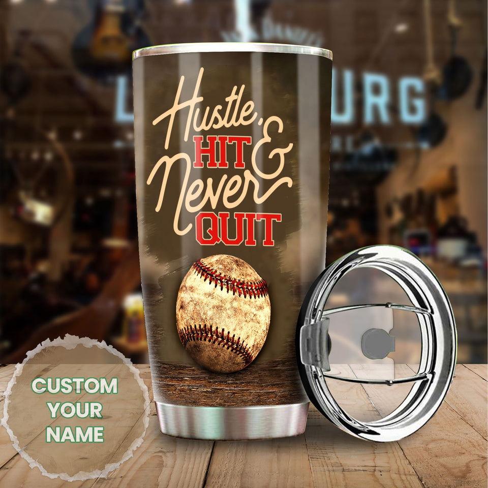 Camellia Persionalized Baseball Hit Never Quit Stainless Steel Tumbler - Customized Double - Walled Insulation Travel Thermal Cup With Lid Gift For Baseball Player