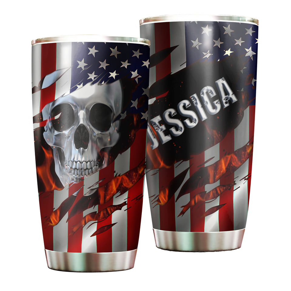 Camellia Personalized American Skull Flag Stainless Steel Tumbler - Double-Walled Insulation Vacumm Flask - Gift For Halloween, Spooky Season