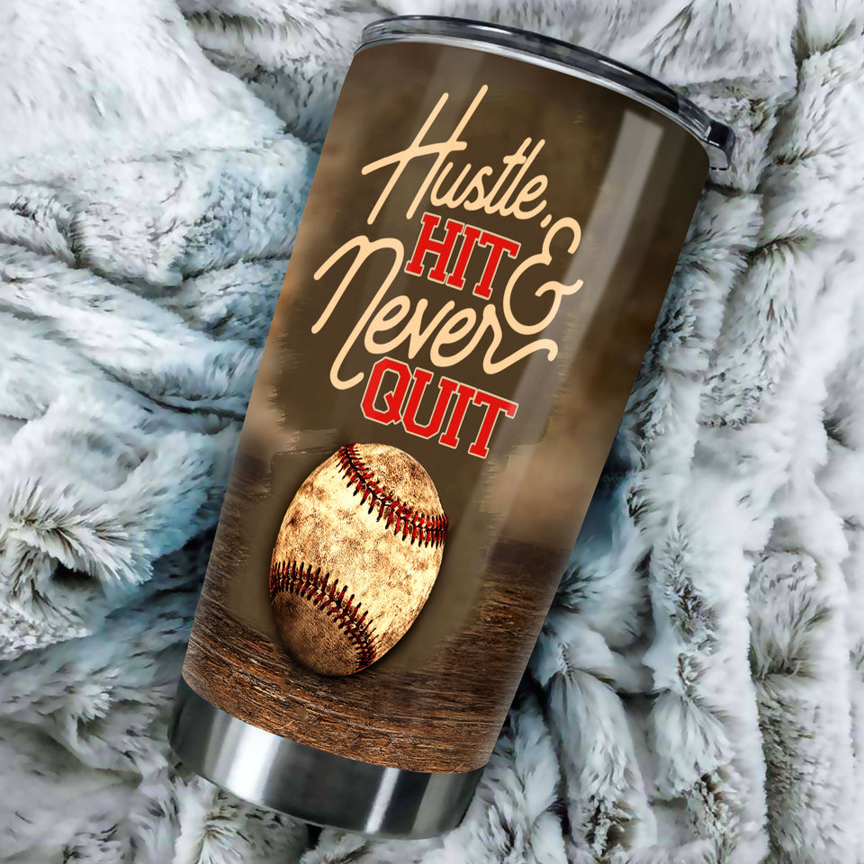 Camellia Persionalized Baseball Hit Never Quit Stainless Steel Tumbler - Customized Double - Walled Insulation Travel Thermal Cup With Lid Gift For Baseball Player