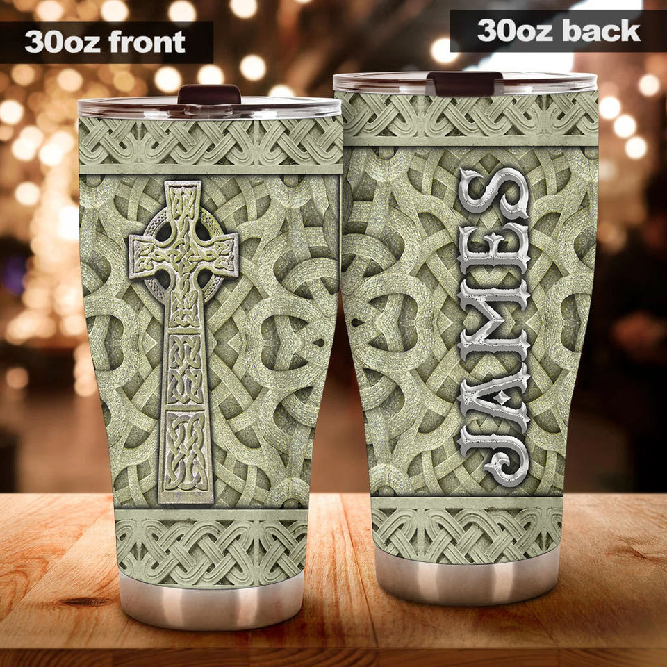 Camellia Personalized Cross In Stone Stainless Steel Tumbler - Customized Double-Walled Insulation Travel Thermal Cup With Lid Gift For Christian