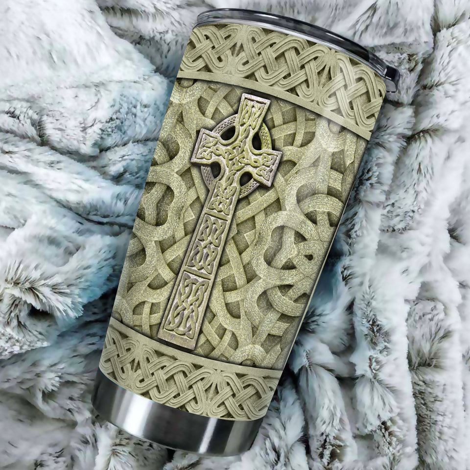 Camellia Personalized Cross In Stone Stainless Steel Tumbler - Customized Double-Walled Insulation Travel Thermal Cup With Lid Gift For Christian