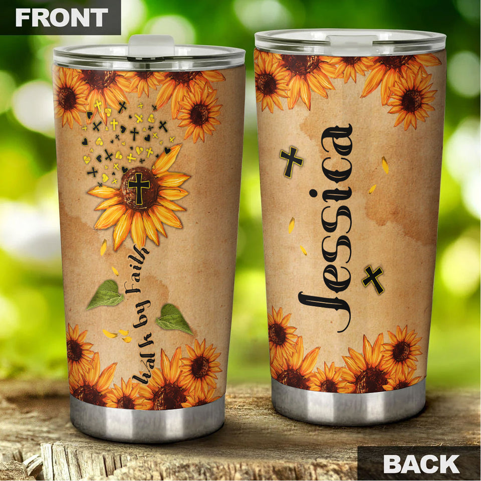 Camellia Persionalized Vintage Sunflower Walk By Faith Stainless Steel Tumbler - Customized Double - Walled Insulation Travel Thermal Cup With Lid
