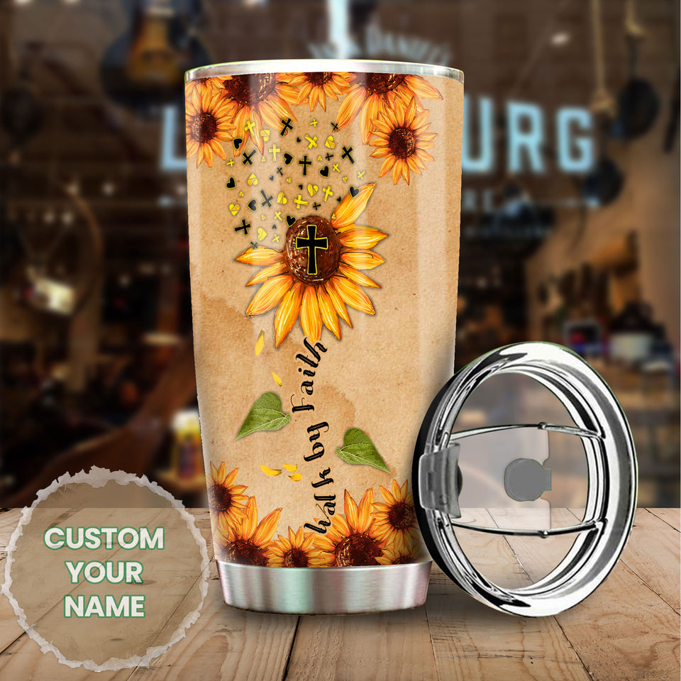Camellia Persionalized Vintage Sunflower Walk By Faith Stainless Steel Tumbler - Customized Double - Walled Insulation Travel Thermal Cup With Lid
