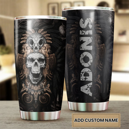 Camellia Personalized 3D Native American Golden Skull Stainless Steel Tumbler - Customized Double-Walled Insulation Travel Thermal Cup With Lid