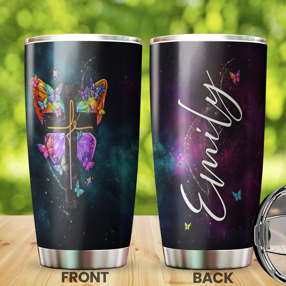 Camellia Personalized Butterfly Christian Cross Stainless Steel Tumbler - Double-Walled Insulation Vacumm Flask - For Thanksgiving, Memorial Day, Christians, Christmas Gift