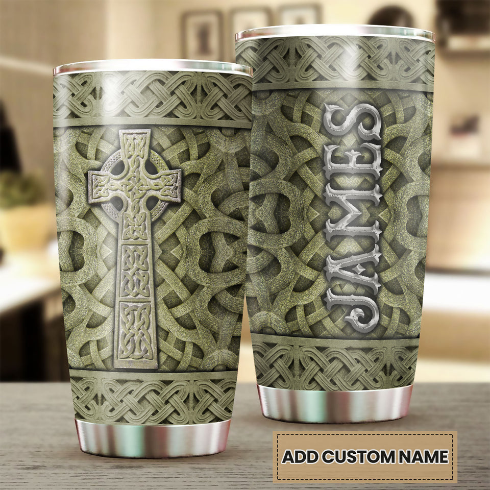 Camellia Personalized Cross In Stone Stainless Steel Tumbler - Customized Double-Walled Insulation Travel Thermal Cup With Lid Gift For Christian