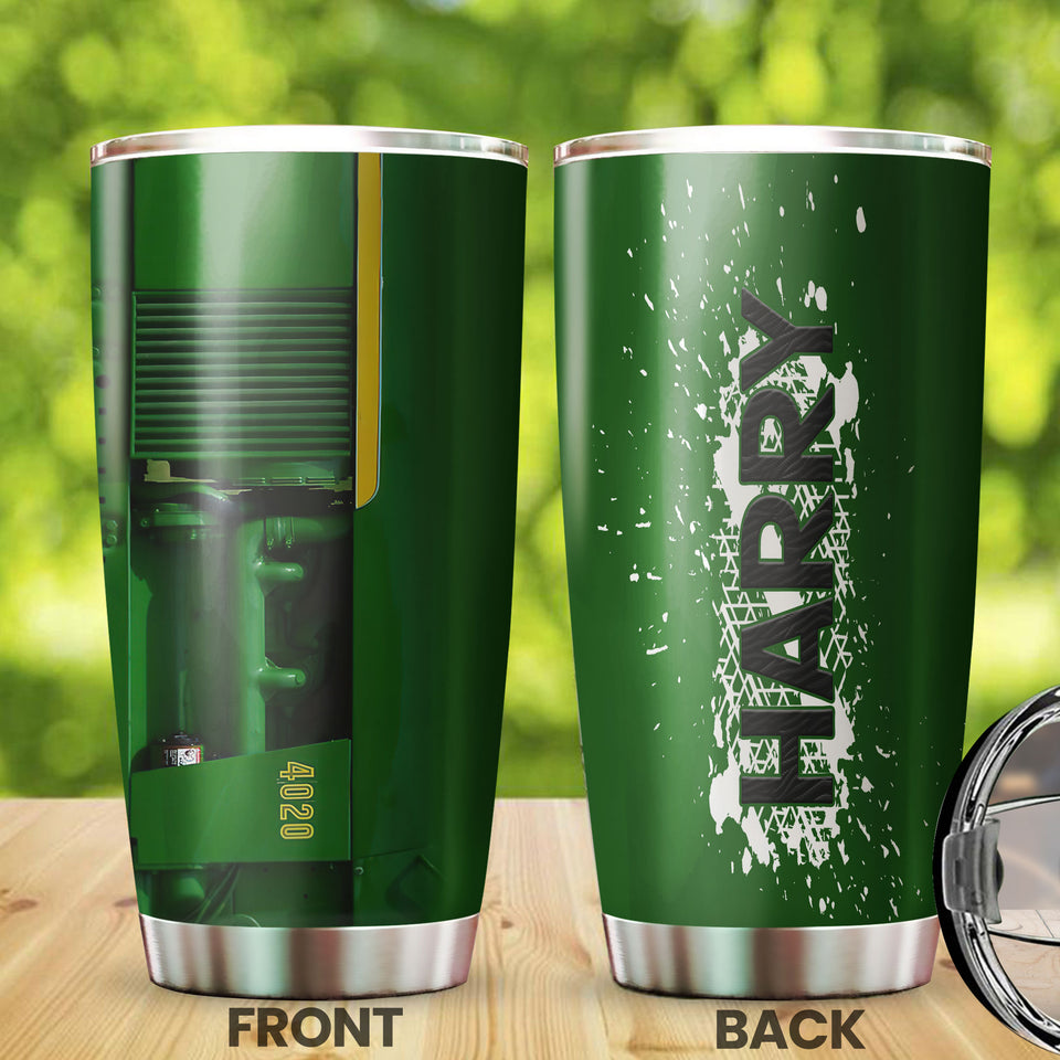 Camellia Personalized 3D Green Tractor Farmer Stainless Steel Tumbler - Customized Double-Walled Insulation Travel Thermal Cup With Lid