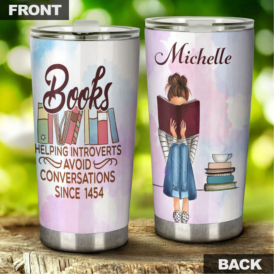 Camellia Personalized Book Helping Introvert Avoid Conversation Stainless Steel Tumbler - Double-Walled Insulation Vacumm Flask - Gift For Book Lovers, Nerd, International Book Day