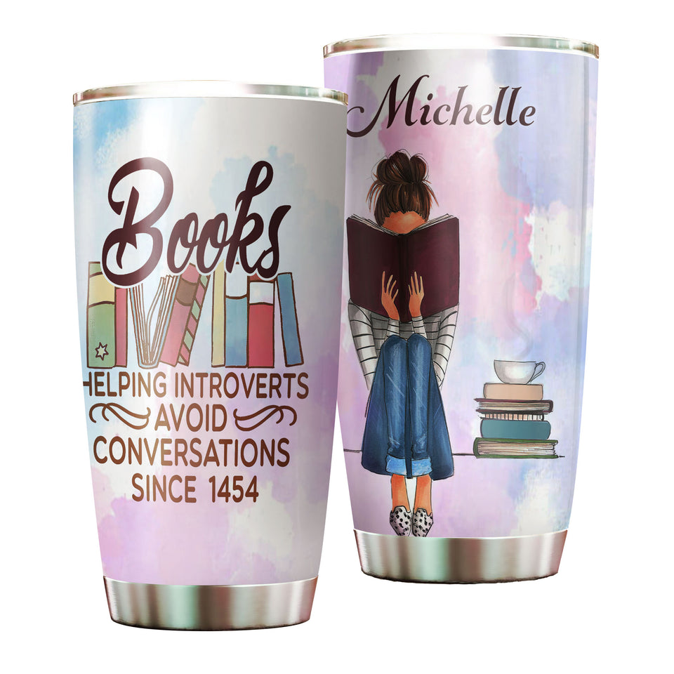 Camellia Personalized Book Helping Introvert Avoid Conversation Stainless Steel Tumbler - Double-Walled Insulation Vacumm Flask - Gift For Book Lovers, Nerd, International Book Day