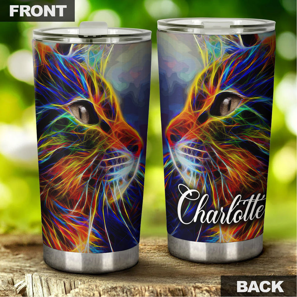 Camellia Persionalized 3D Cat Neon Art Stainless Steel Tumbler - Customized Double - Walled Insulation Travel Thermal Cup With Lid Gift For Cat Lover