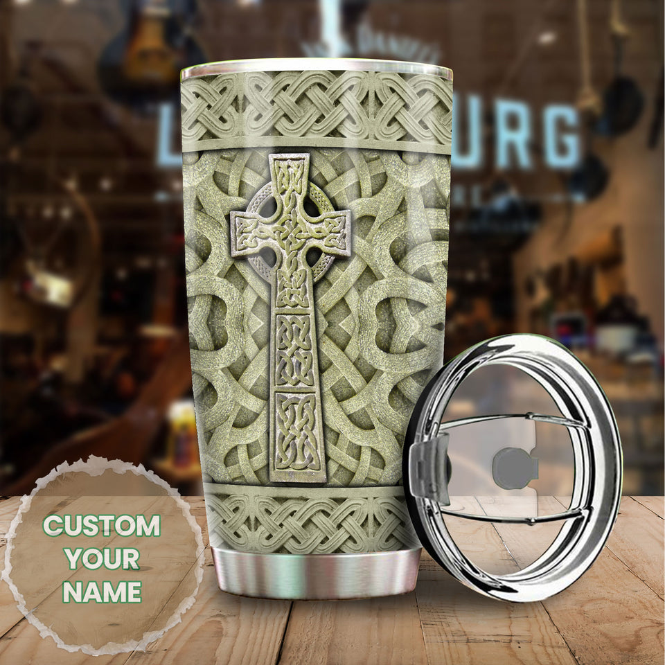 Camellia Personalized Cross In Stone Stainless Steel Tumbler - Customized Double-Walled Insulation Travel Thermal Cup With Lid Gift For Christian