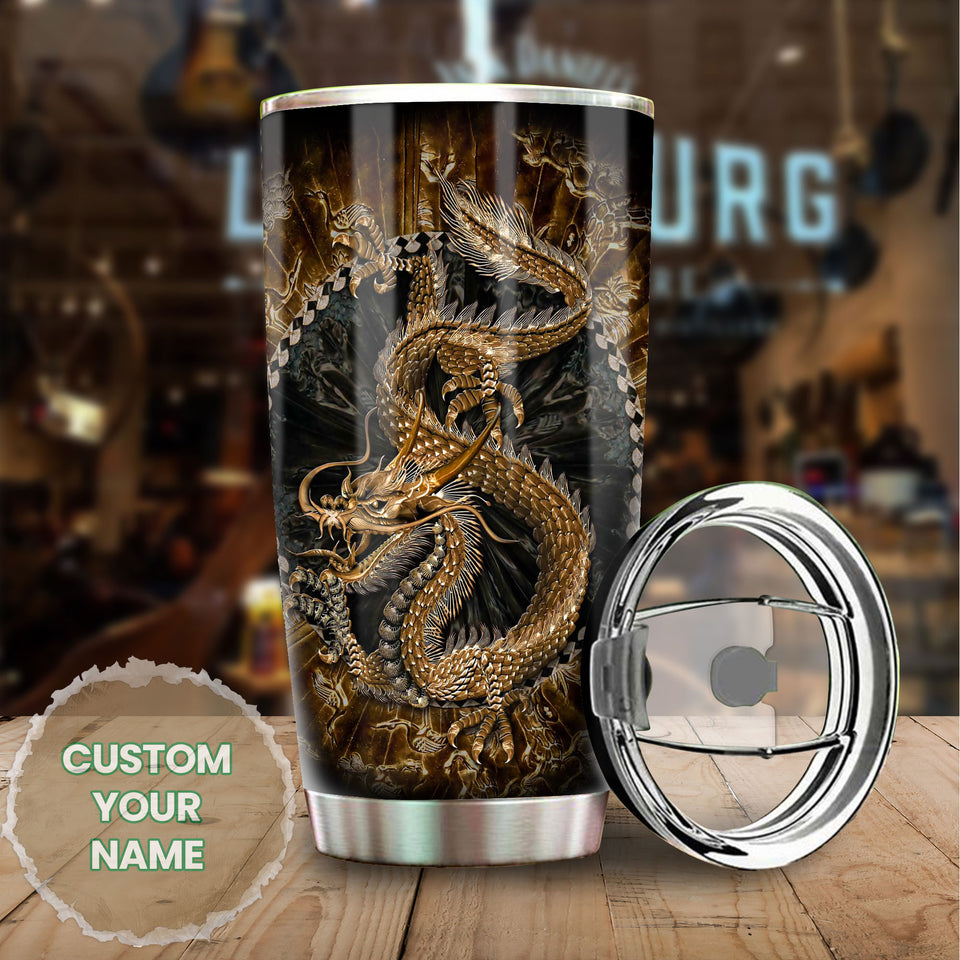 Camellia Personalized Dragon Gold Style Stainless Steel Tumbler - Customized Double-Walled Insulation Travel Thermal Cup With Lid
