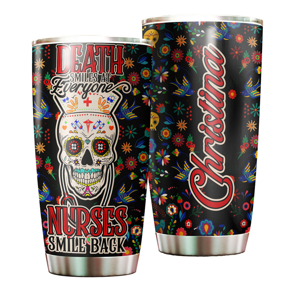 Camellia Personalized Nurse Skull Stainless Steel Tumbler - Double-Walled Insulation Vacumm Flask - Gift For Nurse, Christmas Gift, International Nurses Day