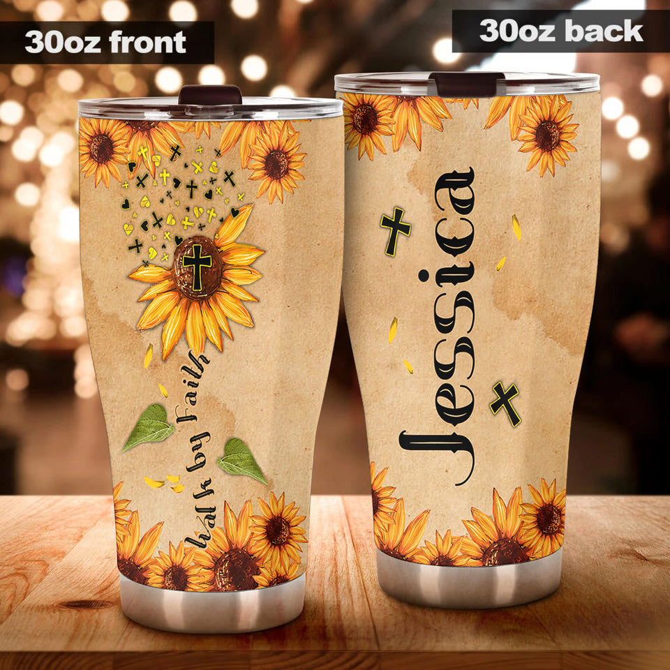 Camellia Persionalized Vintage Sunflower Walk By Faith Stainless Steel Tumbler - Customized Double - Walled Insulation Travel Thermal Cup With Lid