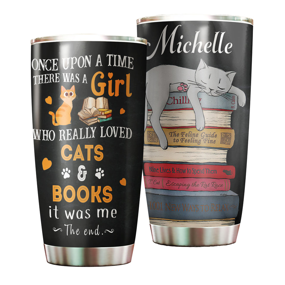Camellia Personalized Book Cat Once Upon A Time There Was A Girl Who Really Loved Book And Cat Stainless Steel Tumbler - Double-Walled Insulation Vacumm Flask - Gift For Book Lovers, Nerd, Cat Lovers