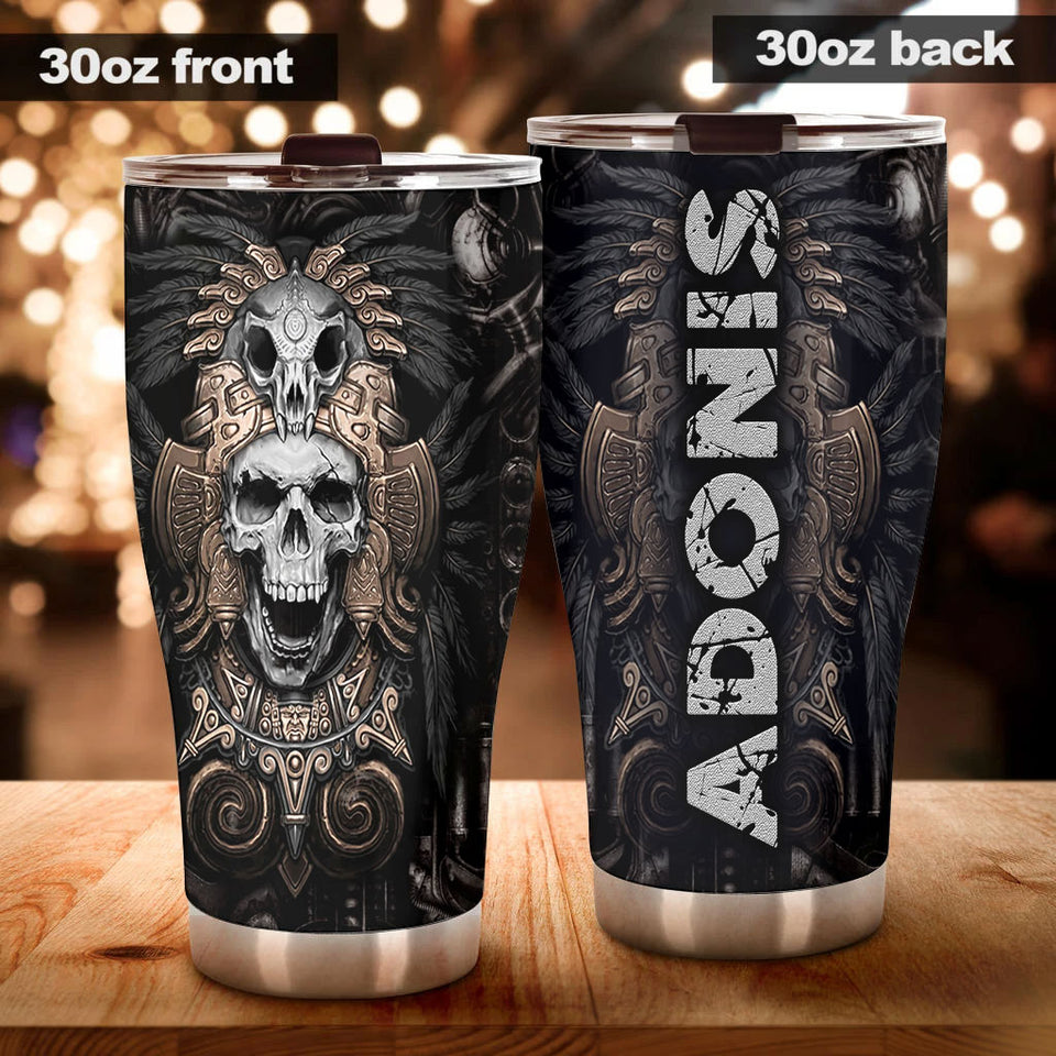 Camellia Personalized 3D Native American Golden Skull Stainless Steel Tumbler - Customized Double-Walled Insulation Travel Thermal Cup With Lid
