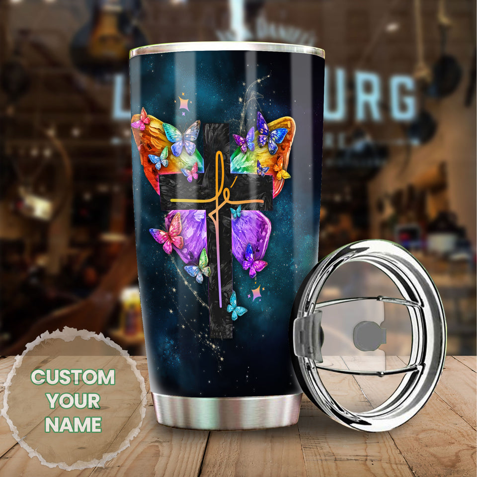 Camellia Personalized Butterfly Christian Cross Stainless Steel Tumbler - Double-Walled Insulation Vacumm Flask - For Thanksgiving, Memorial Day, Christians, Christmas Gift