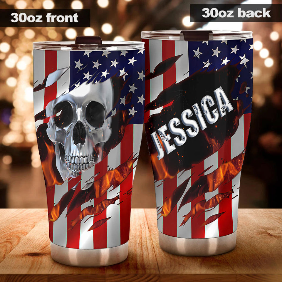 Camellia Personalized American Skull Flag Stainless Steel Tumbler - Double-Walled Insulation Vacumm Flask - Gift For Halloween, Spooky Season