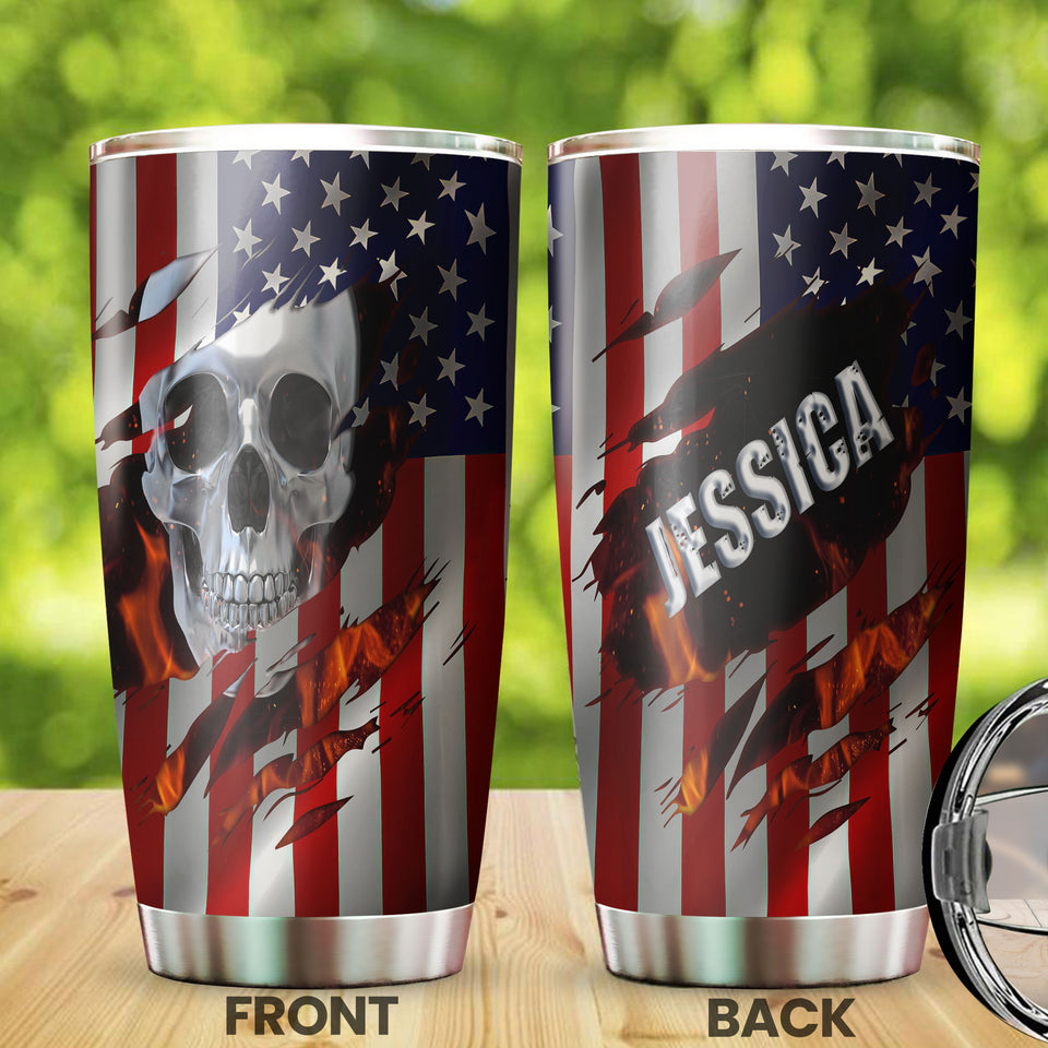 Camellia Personalized American Skull Flag Stainless Steel Tumbler - Double-Walled Insulation Vacumm Flask - Gift For Halloween, Spooky Season