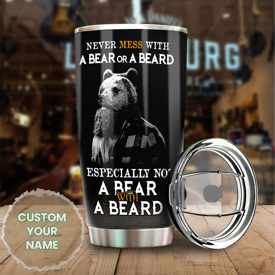 Camellia Persionalized 3D Never Mess With A Bear Or A Beard Stainless Steel Tumbler - Customized Double - Walled Insulation Travel Thermal Cup With Lid Gift For Bear Lover