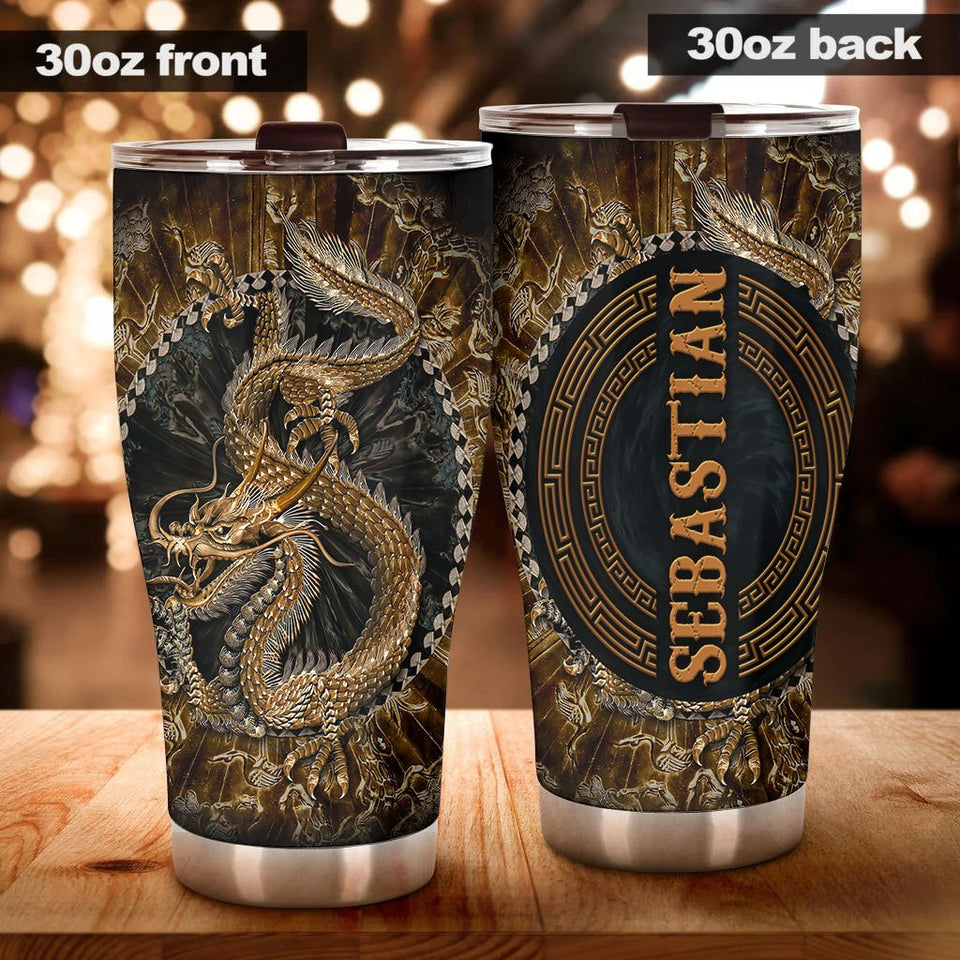 Camellia Personalized Dragon Gold Style Stainless Steel Tumbler - Customized Double-Walled Insulation Travel Thermal Cup With Lid
