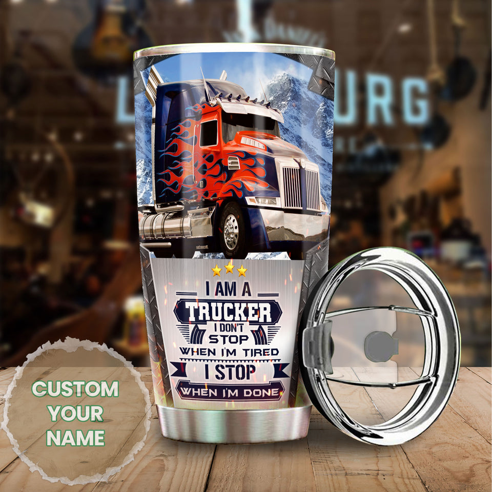 Camellia Personalized I Am Trucker I Stop when I'm Done Stainless Steel Tumbler-Double-Walled Insulation Cup With Lid Gift For Truck Driver