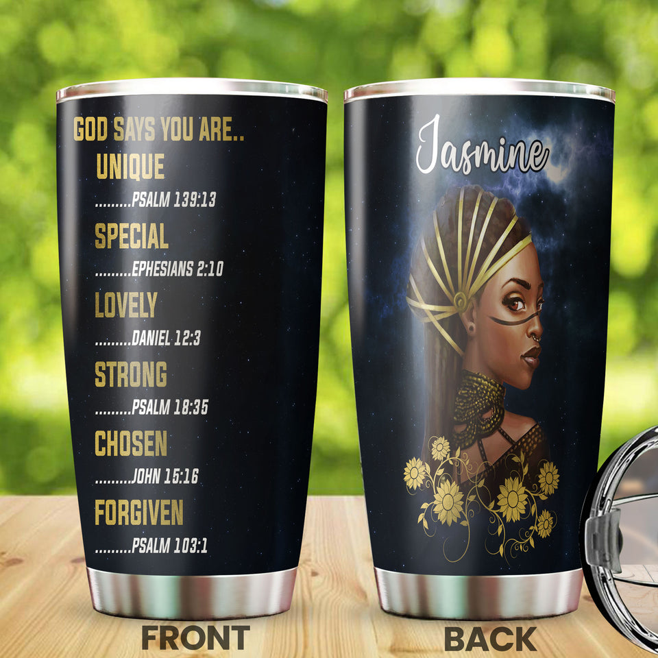 Camellia Personalized Black Women Faith God Says You Are Stainless Steel Tumbler - Double-Walled Insulation Vacumm Flask - Gift For Black Queen, International Women's Day, Hippie Gir