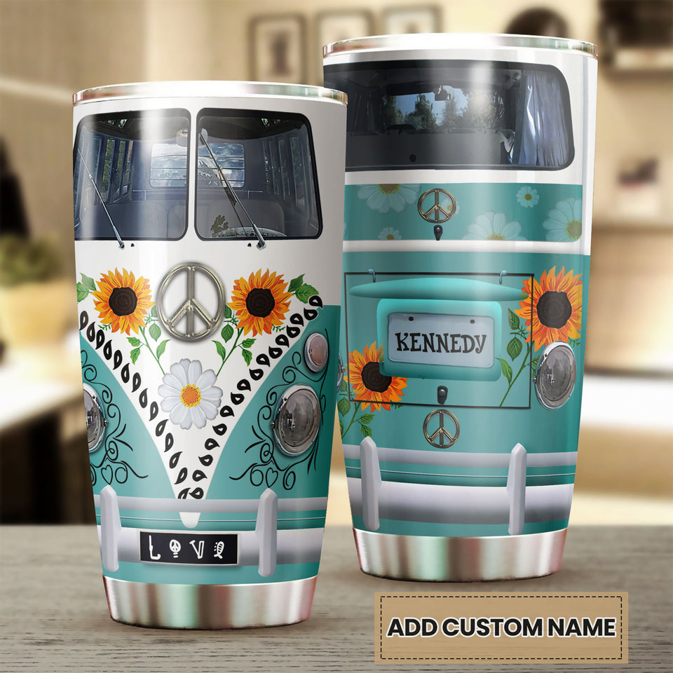Camellia Personalized Hippie Van And Sunflowers Stainless Steel Tumbler- Sweat-Proof Double Wall Travel Cup With Lid