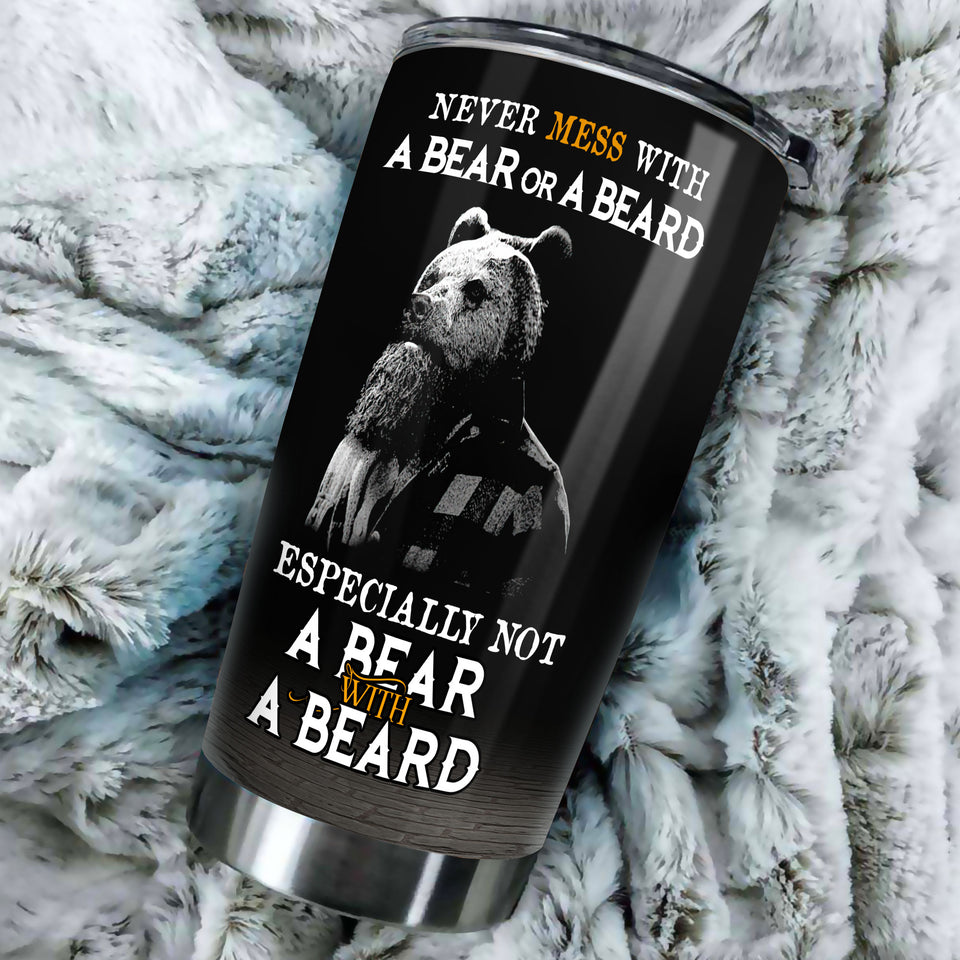 Camellia Persionalized 3D Never Mess With A Bear Or A Beard Stainless Steel Tumbler - Customized Double - Walled Insulation Travel Thermal Cup With Lid Gift For Bear Lover