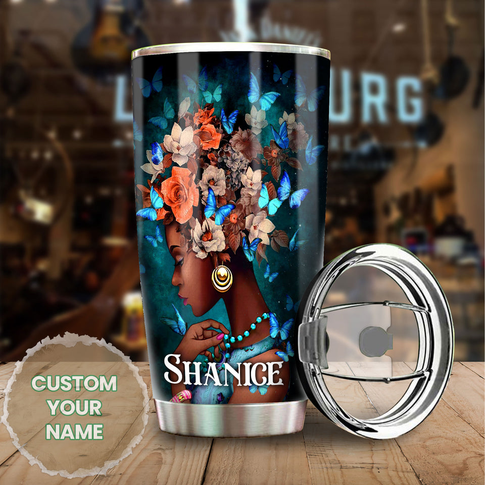 Camellia Personalized Black Women Bible Hotlines Stainless Steel Tumbler - Double-Walled Insulation Vacumm Flask - Gift For Black Queen, International Women's Day, Hippie Girls