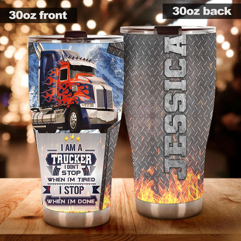 Camellia Personalized I Am Trucker I Stop when I'm Done Stainless Steel Tumbler-Double-Walled Insulation Cup With Lid Gift For Truck Driver