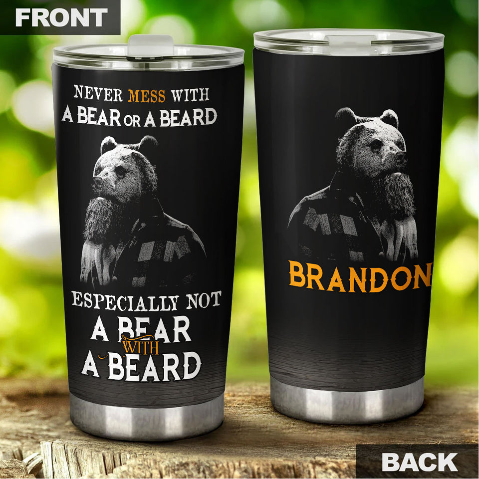 Camellia Persionalized 3D Never Mess With A Bear Or A Beard Stainless Steel Tumbler - Customized Double - Walled Insulation Travel Thermal Cup With Lid Gift For Bear Lover