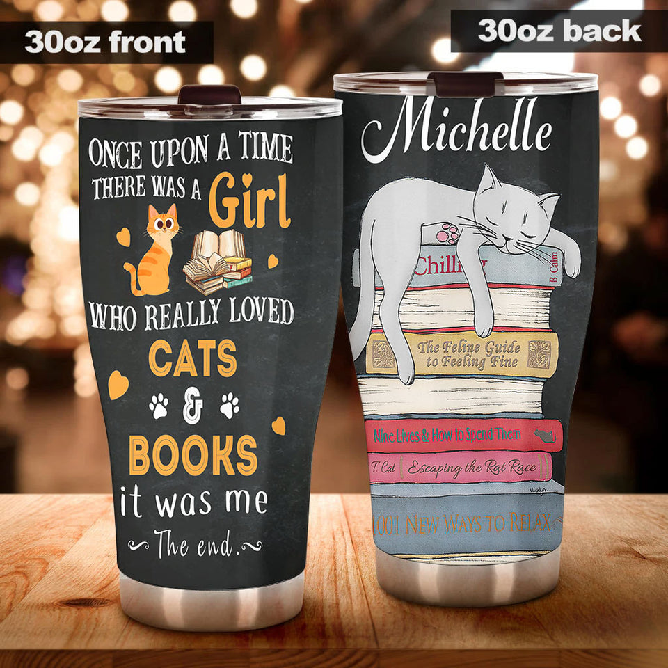Camellia Personalized Book Cat Once Upon A Time There Was A Girl Who Really Loved Book And Cat Stainless Steel Tumbler - Double-Walled Insulation Vacumm Flask - Gift For Book Lovers, Nerd, Cat Lovers
