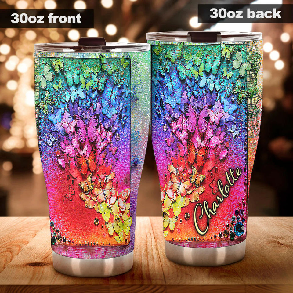 Camellia Personalized A Colourful Flock Of Butterflies Stainless Steel Tumbler - Double-Walled Insulation Vacumm Flask - For Thanksgiving, Memorial Day, Christians, Christmas Gift