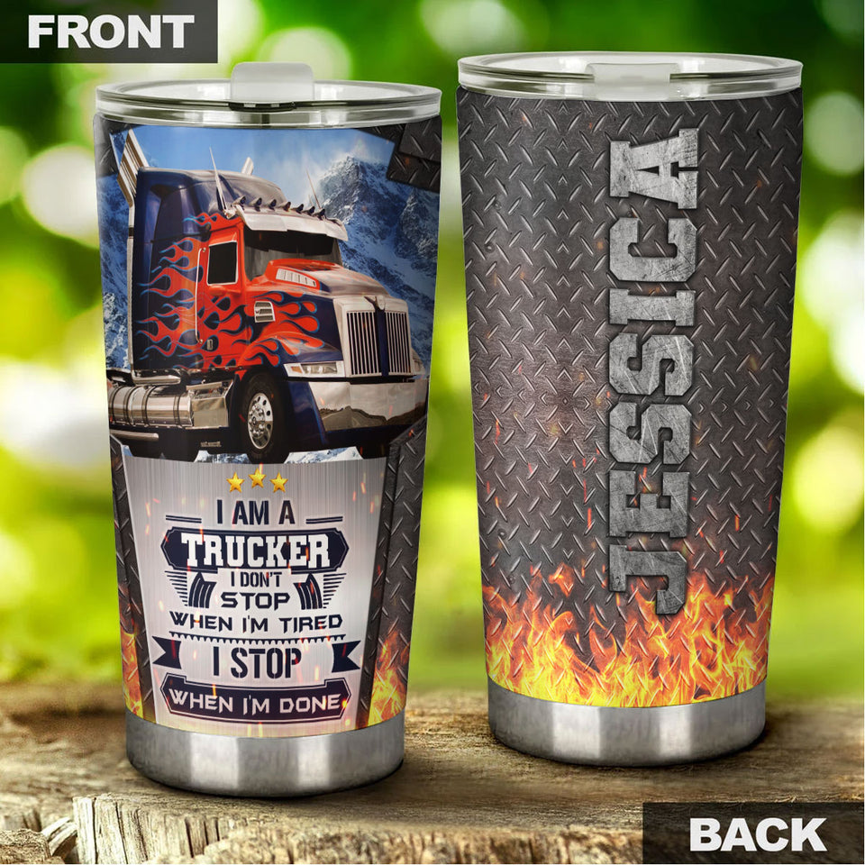 Camellia Personalized I Am Trucker I Stop when I'm Done Stainless Steel Tumbler-Double-Walled Insulation Cup With Lid Gift For Truck Driver