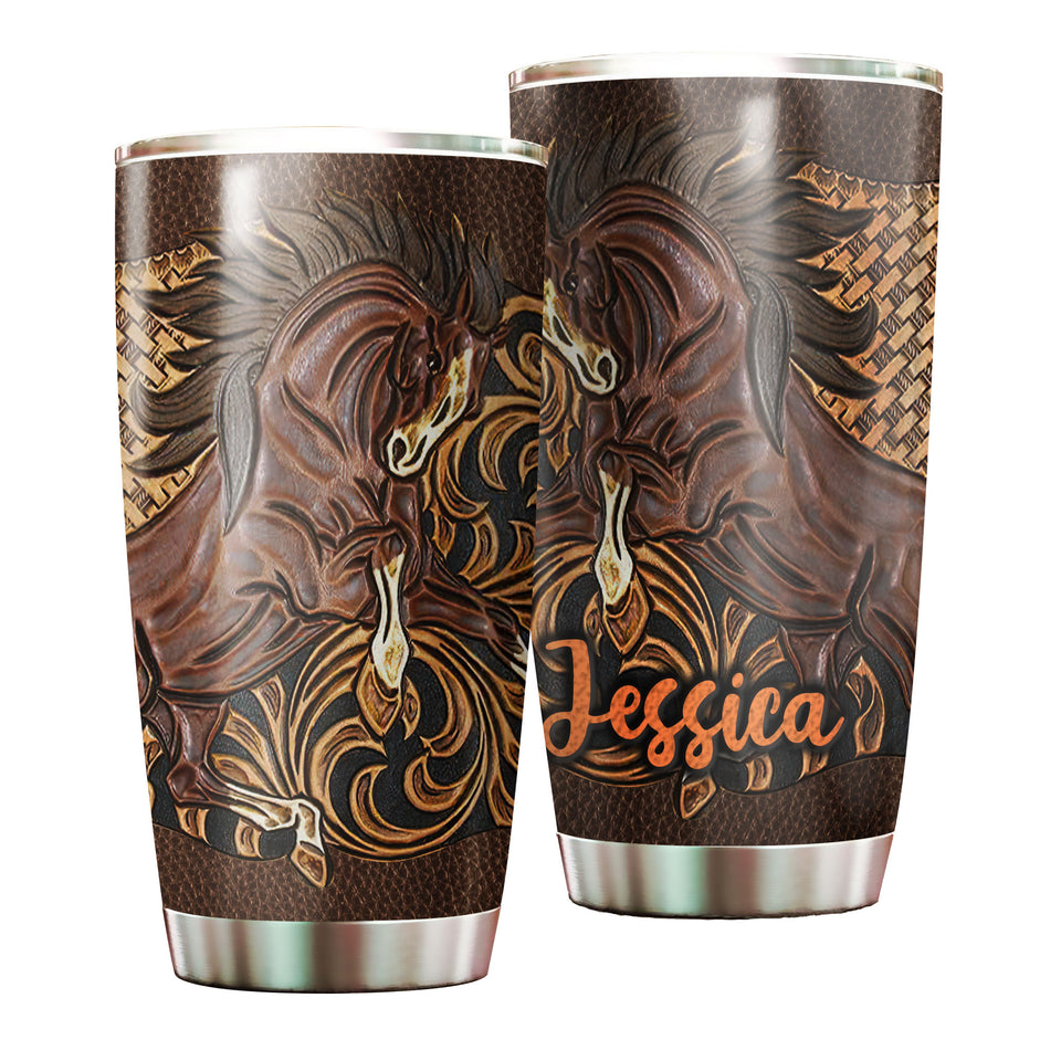 Camellia Personalized Horse Leather Style Stainless Steel Tumbler - Double-Walled Insulation Vacumm Flask - Gift For Horse Lovers, Cowgirls, Cowboys, Perfect Christmas, Thanksgiving Gift 05