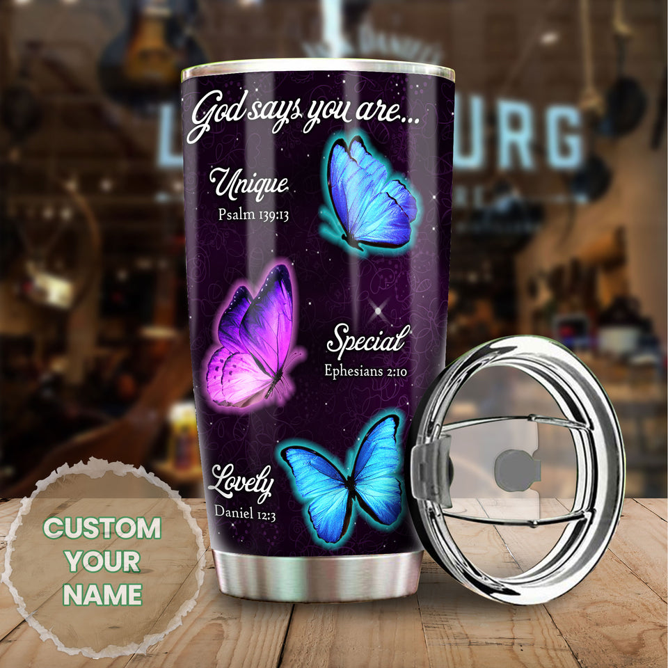 Camellia Personalized Butterfly God Says You Are Unique Stainless Steel Tumbler - Double-Walled Insulation Vacumm Flask - For Thanksgiving, Memorial Day, Christians, Christmas Gift