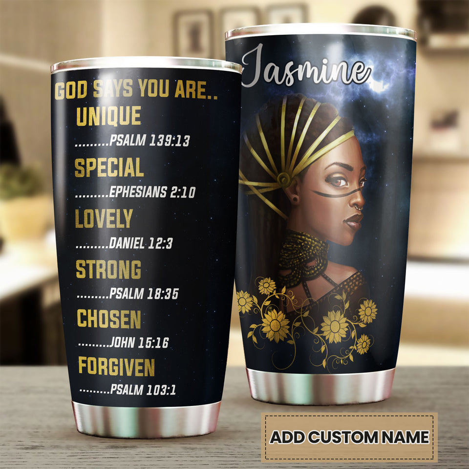 Camellia Personalized Black Women Faith God Says You Are Stainless Steel Tumbler - Double-Walled Insulation Vacumm Flask - Gift For Black Queen, International Women's Day, Hippie Gir