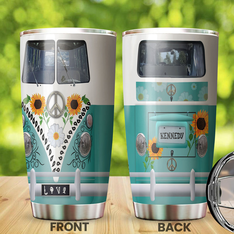 Camellia Personalized Hippie Van And Sunflowers Stainless Steel Tumbler- Sweat-Proof Double Wall Travel Cup With Lid
