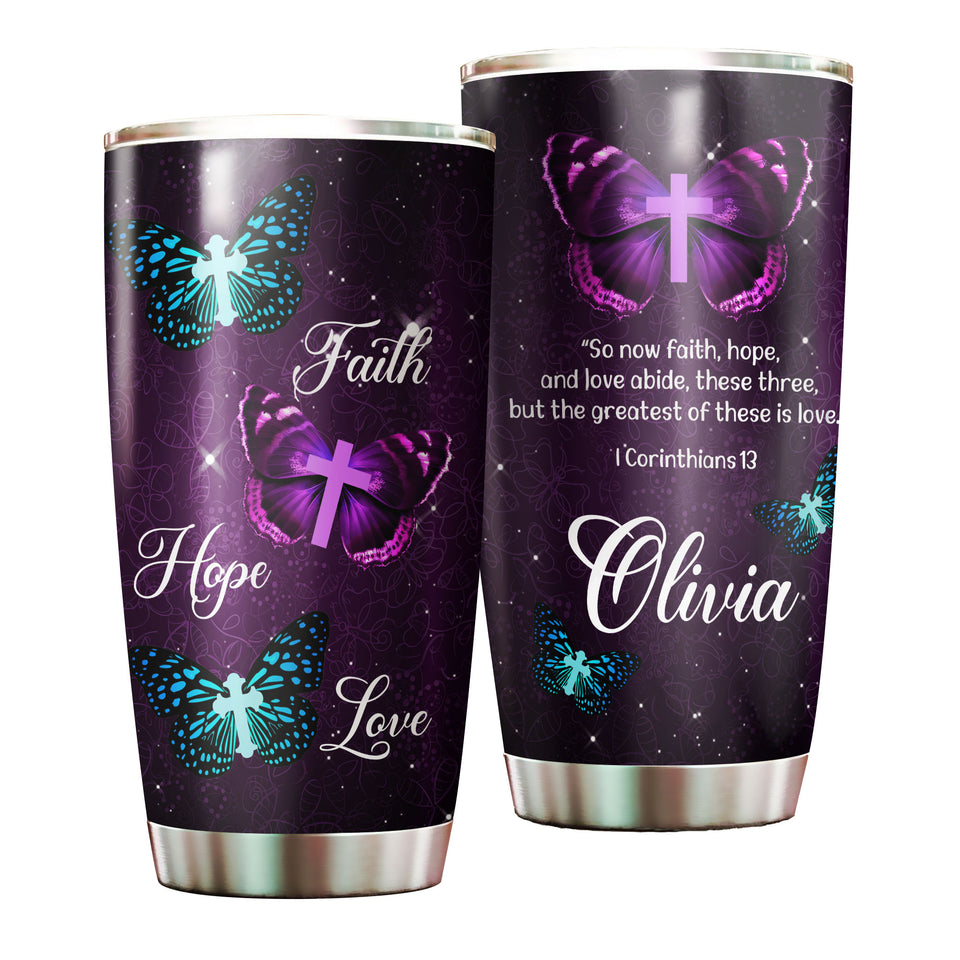 Camellia Personalized Butterfly Faith Hope Love Glory Cross Christian Stainless Steel Tumbler - Double-Walled Insulation Vacumm Flask - For Thanksgiving, Memorial Day, Christians, Christmas Gif