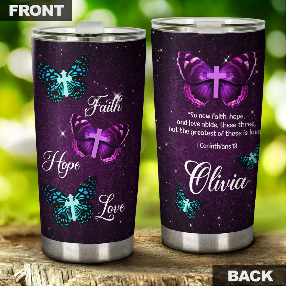 Camellia Personalized Butterfly Faith Hope Love Glory Cross Christian Stainless Steel Tumbler - Double-Walled Insulation Vacumm Flask - For Thanksgiving, Memorial Day, Christians, Christmas Gif