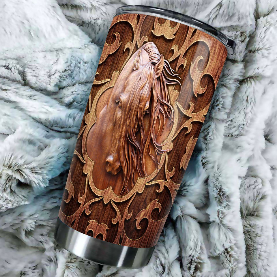 Camellia Personalized Horse Wood Style Stainless Steel Tumbler - Double-Walled Insulation Vacumm Flask - Gift For Horse Lovers, Cowgirls, Cowboys, Perfect Christmas, Thanksgiving Gift