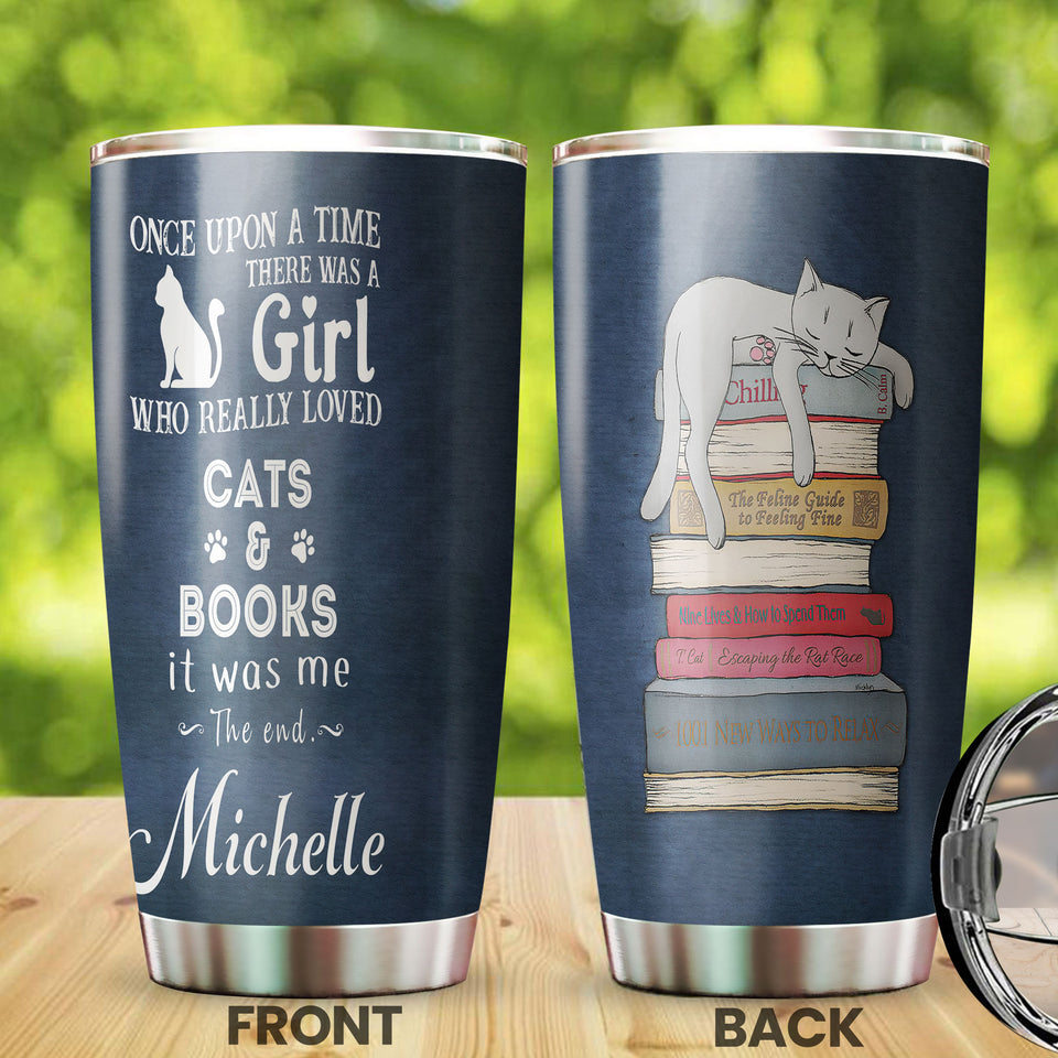 Camellia Personalized Sleeping Cat Once Upon A Time There Was A Girl Who Really Loved Book And Cat Stainless Steel Tumbler - Double-Walled Insulation Vacumm Flask - Gift For Book Lovers, Nerd, Cat Lovers
