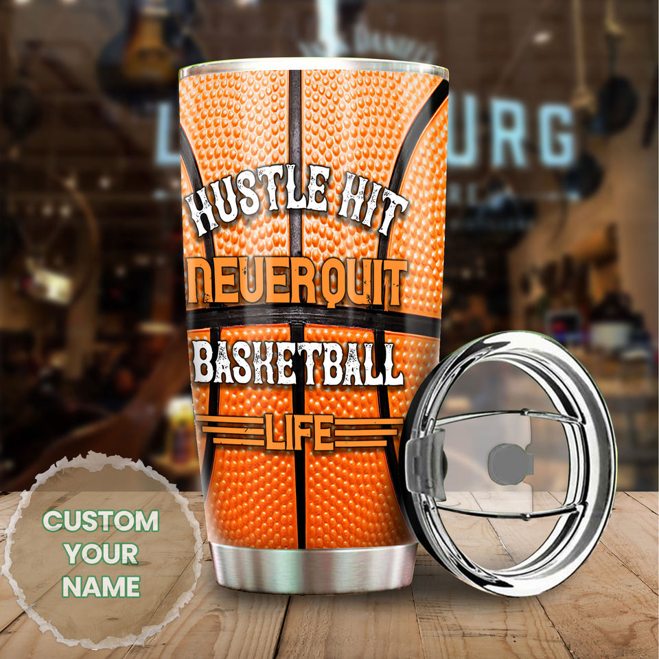 Camellia Persionalized Basketball Hustle Hit Never Quit Stainless Steel Tumbler - Customized Double - Walled Insulation Travel Thermal Cup With Lid Gift For Basketball Player