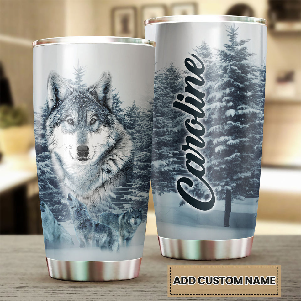 Camellia Persionalized 3D Wolf In Forest Stainless Steel Tumbler - Customized Double - Walled Insulation Travel Thermal Cup With Lid Gift For Wolf Lover
